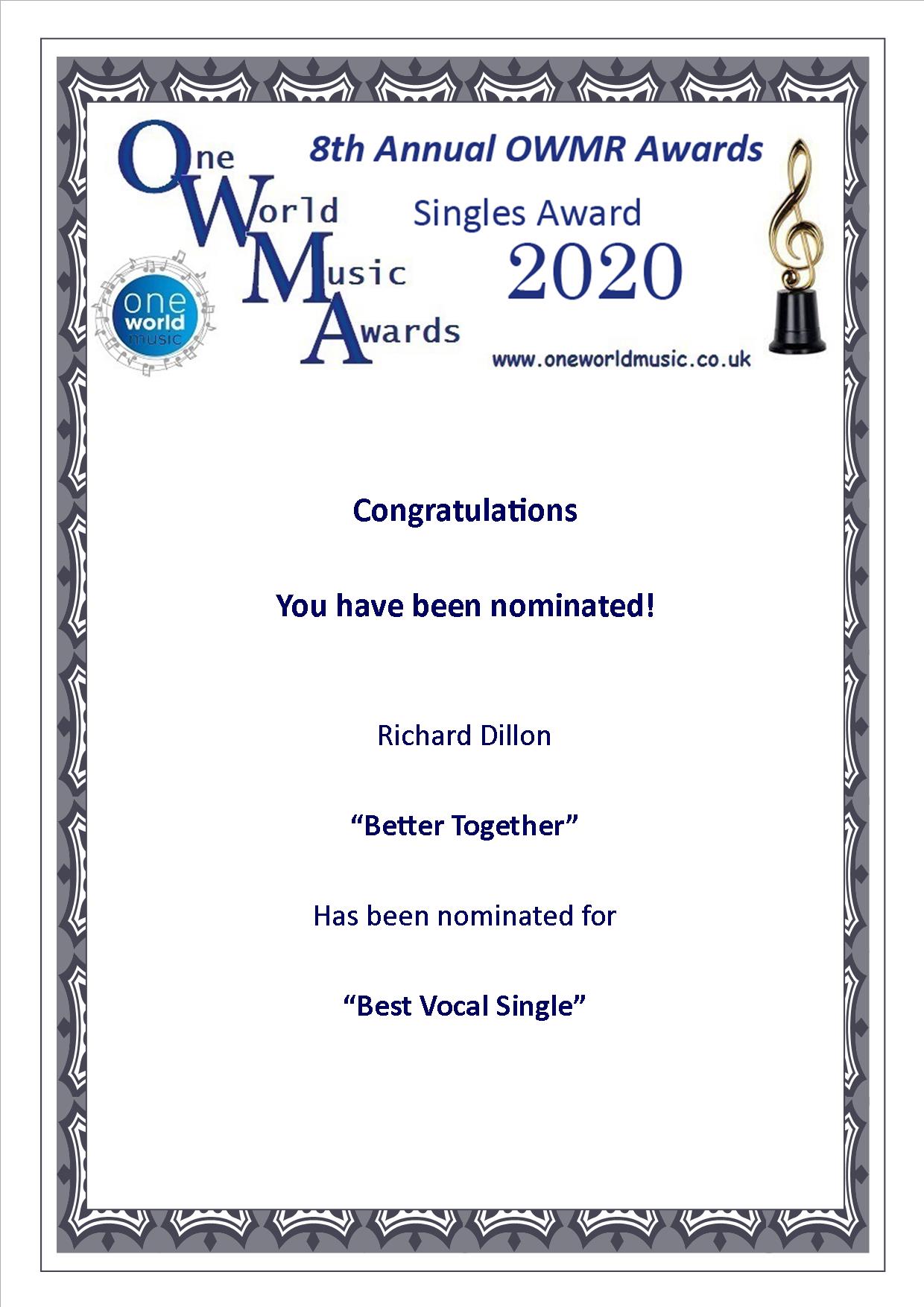 One World Music Nomination 2020 - Best Vocal Single - Better Together