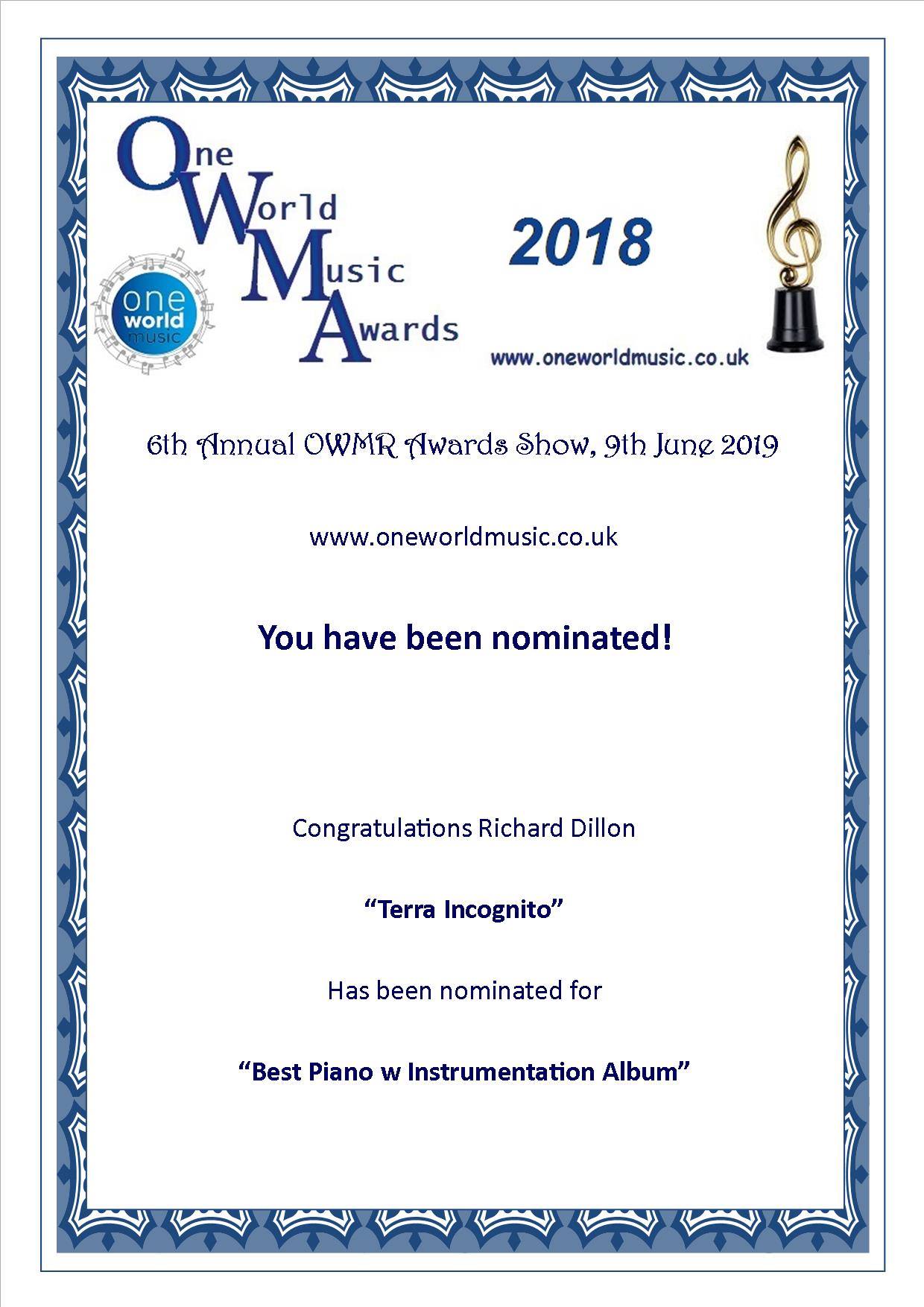 One World Music Nomination 2018 - Best Piano with Instrumentation Album: Terra Incognito